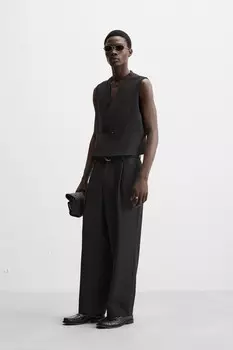 Брюки с плиссировкой и поясом ZARA, черный