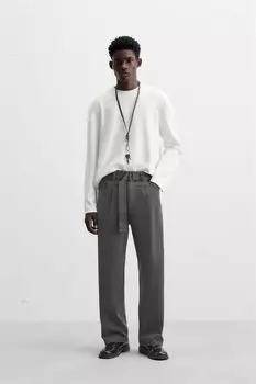 Брюки с плиссировкой и поясом ZARA, цвет charcoal