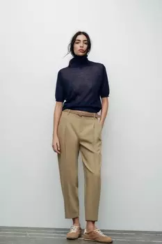 Брюки с плиссировкой и поясом ZARA, кэмел