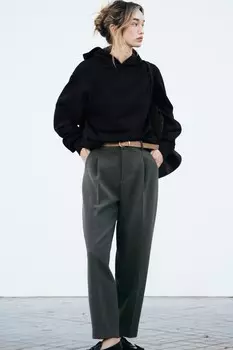 Брюки с плиссировкой и поясом ZARA, серый