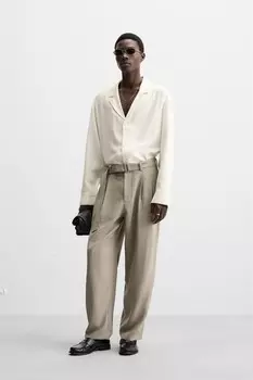 Брюки с плиссировкой и поясом ZARA, серый