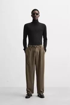 Брюки с плиссировкой и поясом ZARA, шоколад