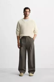 Брюки с поясом и плиссированными плиссировками ZARA, серо-коричневый