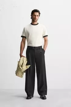Брюки с поясом и плиссированными плиссировками ZARA, черный