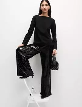 Брюки с широкими штанинами и пайетками Marks & Spencer, черный