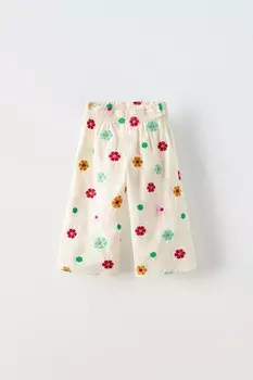 Брюки с вышитыми цветами ZARA, экрю