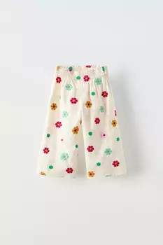 Брюки с вышитыми цветами ZARA, экрю
