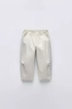 Брюки с вышивками и отстрочкой ZARA, середина экрю