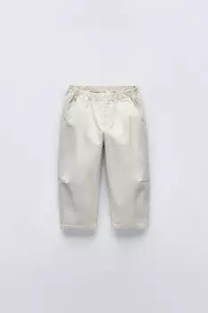 Брюки с вышивками и отстрочкой ZARA, середина экрю