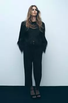 Брюки с вышивкой и поясом ZARA, черный