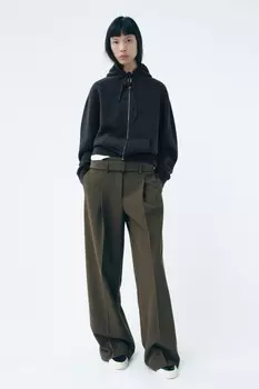 Брюки с вышивкой и поясом ZARA, коричневый
