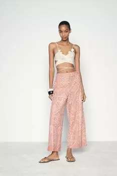 Брюки с вышивкой ZARA, розовый/белый