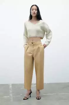 Брюки с высокой посадкой carrot fit с вытяжками ZARA, кэмел