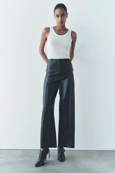 Брюки широкие с эффектом кожи ZARA, черный