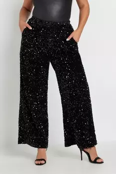 Брюки широкие с пайетками Yours Curve, черный