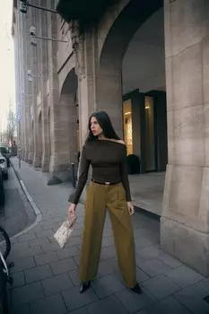 Брюки широкие с вышивками ZARA, хаки