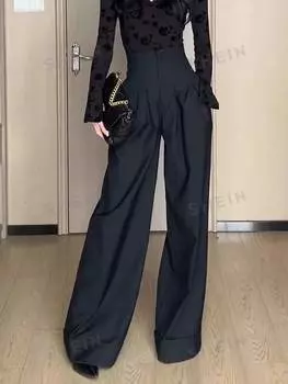 Брюки широкие Shein Priv с высокой талией и косыми карманами, черный