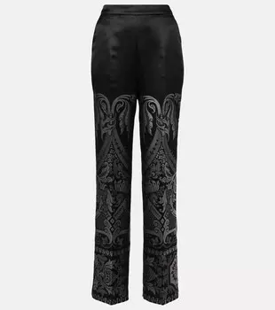 Брюки широкого кроя из смесового шелка с принтом Etro, цвет multicolor on grey base
