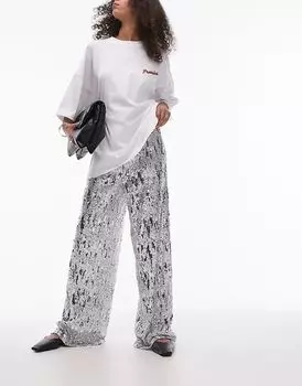Брюки широкого кроя с пайетками серебристого цвета Topshop