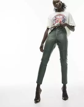 Брюки скинни цвета хаки из искусственной кожи Topshop Petite