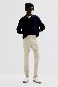 Брюки slim fit из хлопкового твила H&M, бежевый