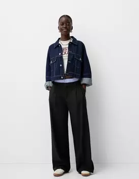 Брюки строгого покроя с контрастной талией Bershka, черный