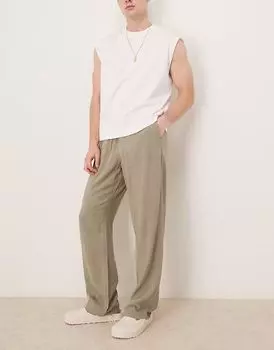 Брюки свободного кроя ASOS DESIGN из льна цвета хаки с застежкой-молнией