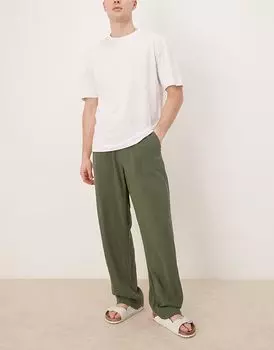 Брюки свободного кроя ASOS DESIGN из льна темно-зеленого цвета с застежкой-молнией