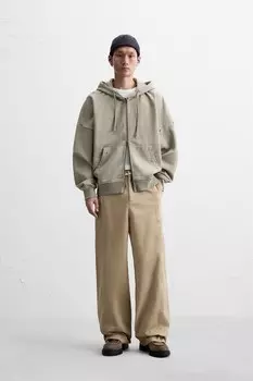 Брюки свободного кроя с контрастной отстрочкой ZARA, светло-бежевый