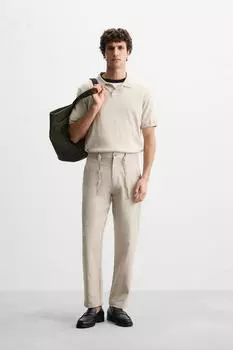 Брюки свободного покроя из хлопка /льна ZARA, светло-бежевый