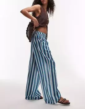 Брюки Topshop Beach Stripe с завязкой на талии, вуаль, без застежек, бирюзового цвета