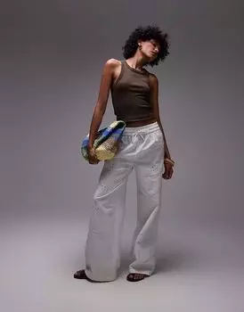 Брюки Topshop coord с вышивкой по бокам и завязками на талии белого цвета