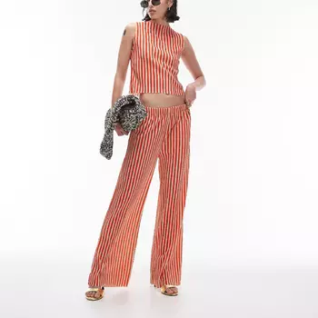 Брюки Topshop Coord Stripe Crinkle Plisse Wide Leg, красный/белый