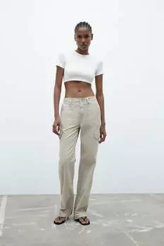 Брюки trf прямого кроя с высокой посадкой ZARA, серый (Размер XXS)