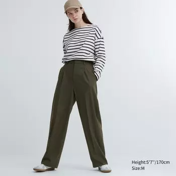 Брюки UNIQLO широкого кроя с защипами, оливковый