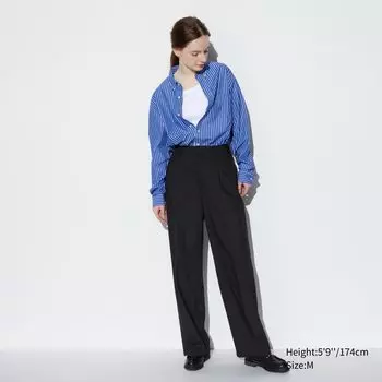 Брюки UNIQLO широкого кроя с защипами удлиненные, черный