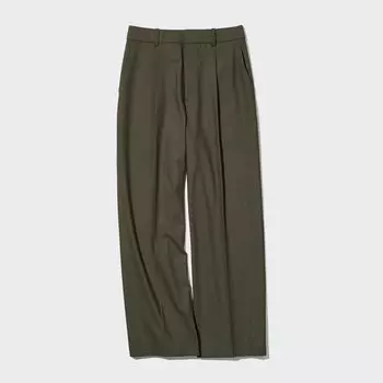 Брюки UNIQLO широкого кроя с защипами удлиненные, оливковый