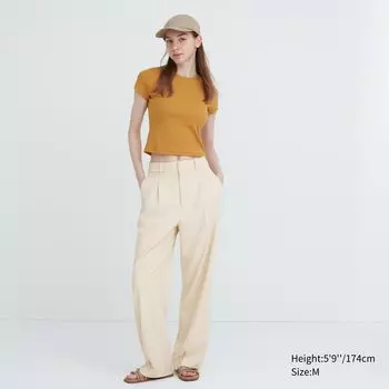Брюки UNIQLO широкого кроя с защипами удлиненные, бежевый
