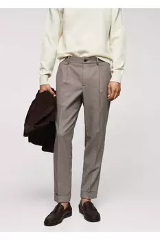 Брюки узкого кроя из смесовой шерсти с узором «гусиные лапки» Mango, коричневый