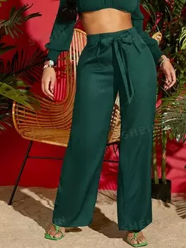 Брюки VCAY, однотонные, кулиска на талии, широкие штанины, летние, женские, пляжные, зеленые Shein, темно-зеленый
