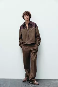 Брюки в клетку с лампасами по боку ZARA, коричневый
