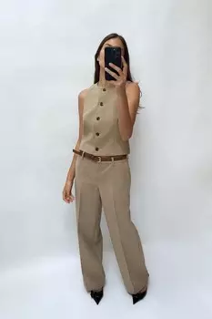 Брюки в клетку с поясом ZARA, бежевый/темно-синий