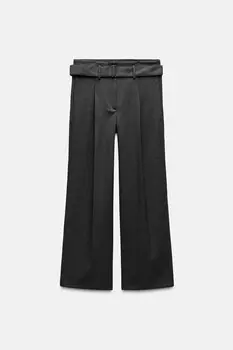 Брюки в клетку с поясом ZARA, темно-серый