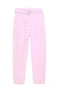 Брюки в клетку с высокой талией и поясом, розовые QUZU