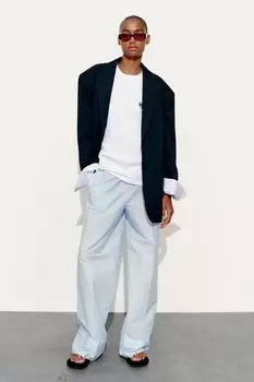 Брюки в пижамном стиле ZARA, синий/белый
