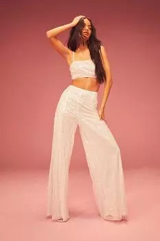 Брюки в пол с широкими пайетками Boohoo, слоновая кость