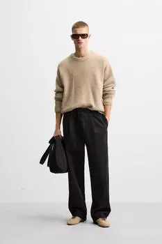 Брюки в складку из хлопка /льна ZARA, черный