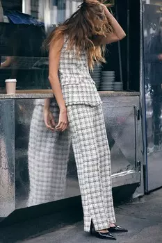 Брюки в текстурную клетку ZARA, экрю/черный