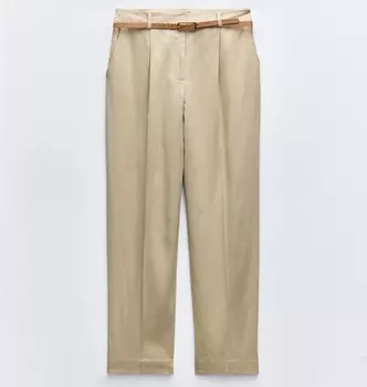 Брюки Zara Linen Blend Straight-leg With Belt, бежевый