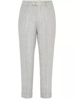 Brunello Cucinelli брюки из смесового льна в тонкую полоску, серый